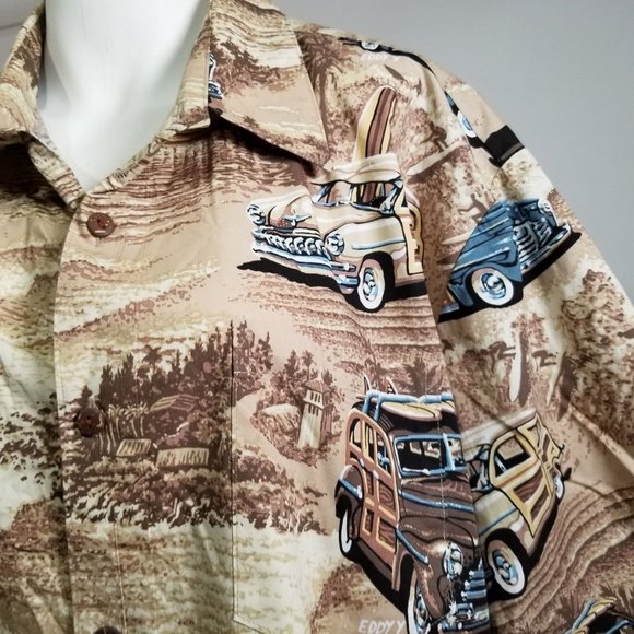 Kai Hawaii Hawaiian Shirt Woodie Wagon Car Beach Palm Tree 2XL XXL Brown Button - Picture 3 of 10
